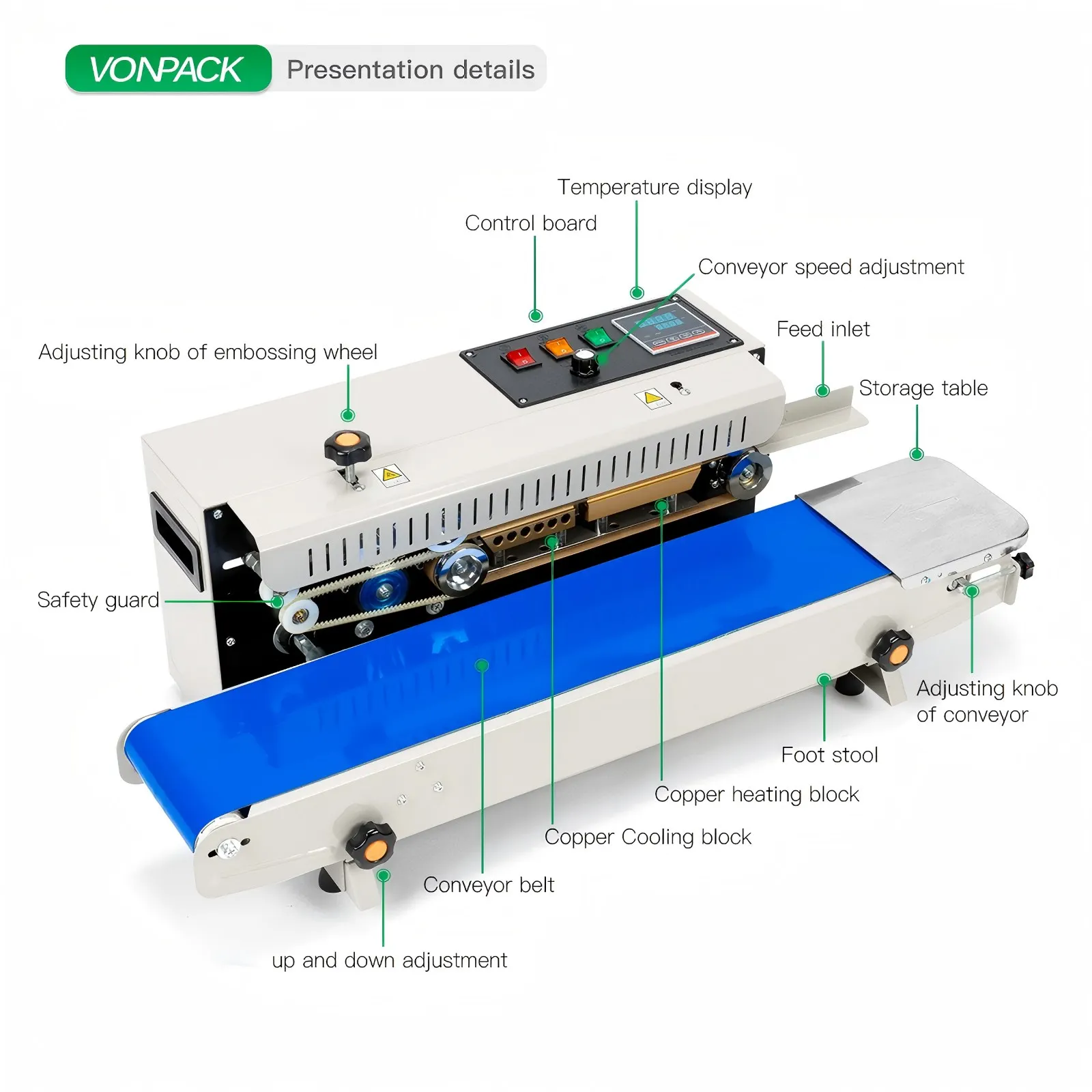 VONPACK FR-900 Automatic Horizontal Plastic Bags Film Heat Sealing Continuous Band Sealer Machine Emergency Stop Counter