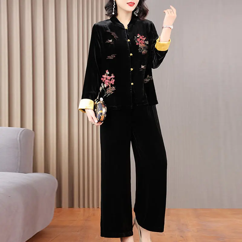 

Velvet Suit Autumn And Winter Women High-End Fashion Elegant Retro Shirt Jacket And Wide Leg Pants Two Piece Set Outfits T1573