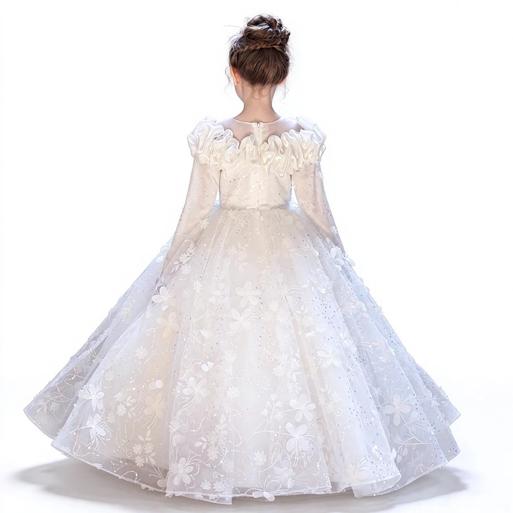 Princess Birthday Wedding Party Gown White Long Sleeve Applique Piano Recital Performance Evening Prom Banquet Dress For Girls