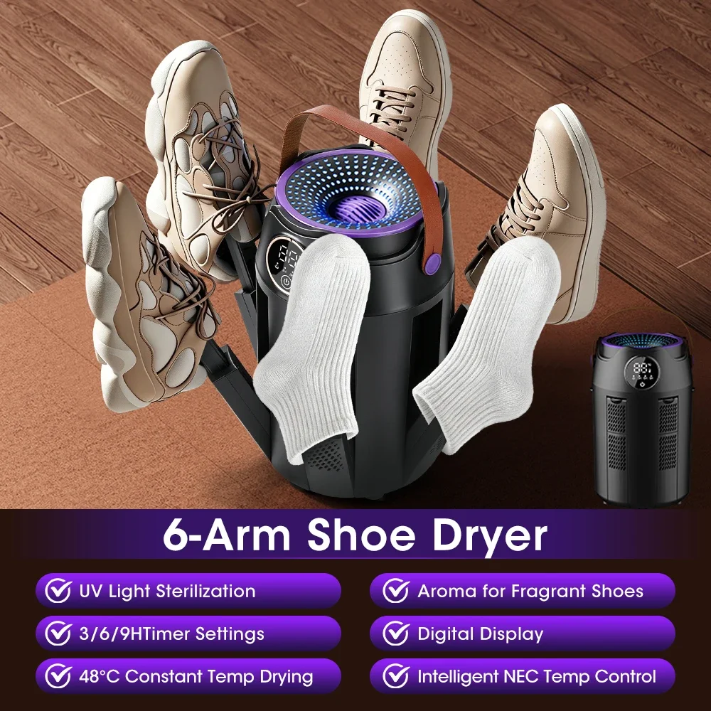 Shoe Dryer Boot Dryer for Sneakers Hiking Boots, 6 Arms Dries 3 Pairs, UV Light, Timer 3/6/9H, PTC Fast Heat, Deodorizer