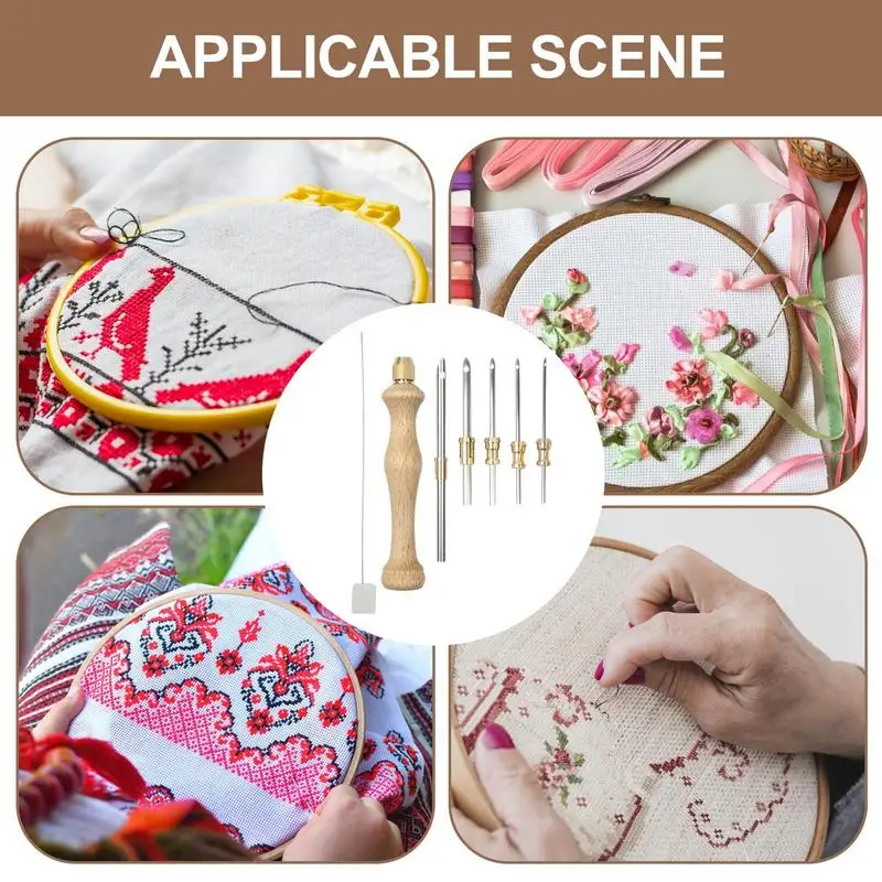 Wooden Embroidery Punch Needle Adjustable Knitting Embroidery Pen Punch Pen with Wooden Handle DIY Craft Sewing Tools