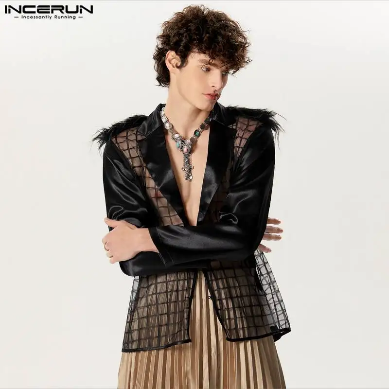 INCERUN 2024 Men Blazer Mesh Plaid Patchwork Lapel Long Sleeve One Button Suits Men Transparent Streetwear Fashion Casual Coats