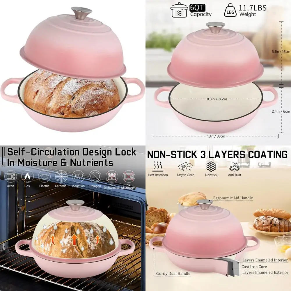 

10 Enamel-Coated Cast Iron Dutch Oven, 6-Quart Sourdough Bread Baker, Pink with Dome Lid