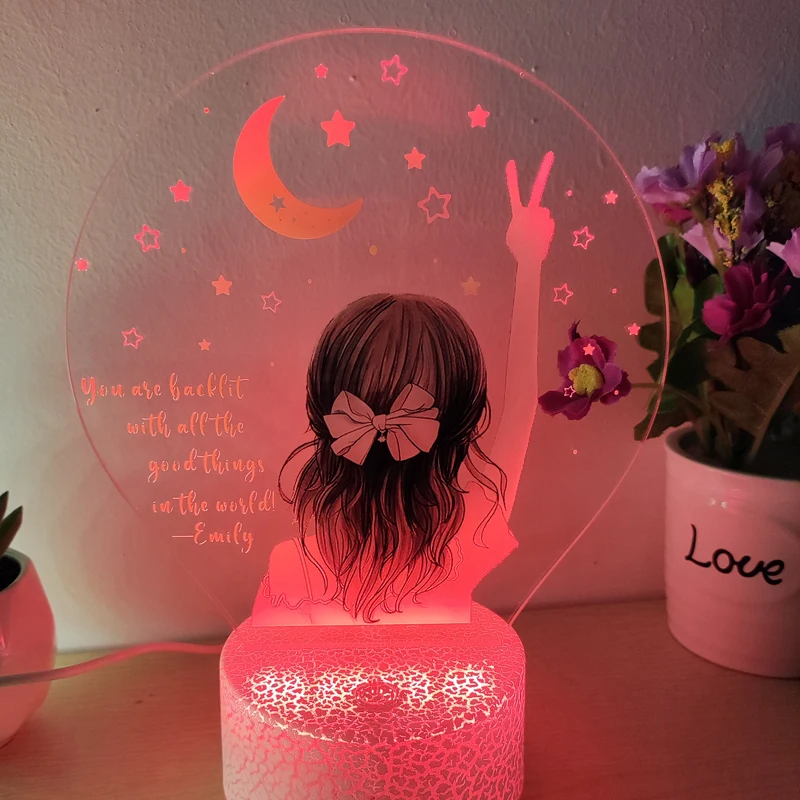 Custom Name Personal Message Acrylic Night Lamp Gift for Students Friend Anniversary 3D UV Print Bedside Light