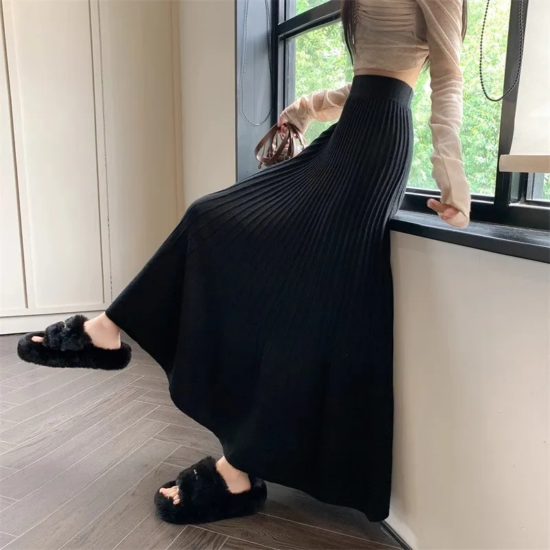 Jupe taille haute élastique noire pour femmes, Version coréenne, rétro, solide, élégante, fête de vacances, jupe longue trapèze plissée, automne hiver