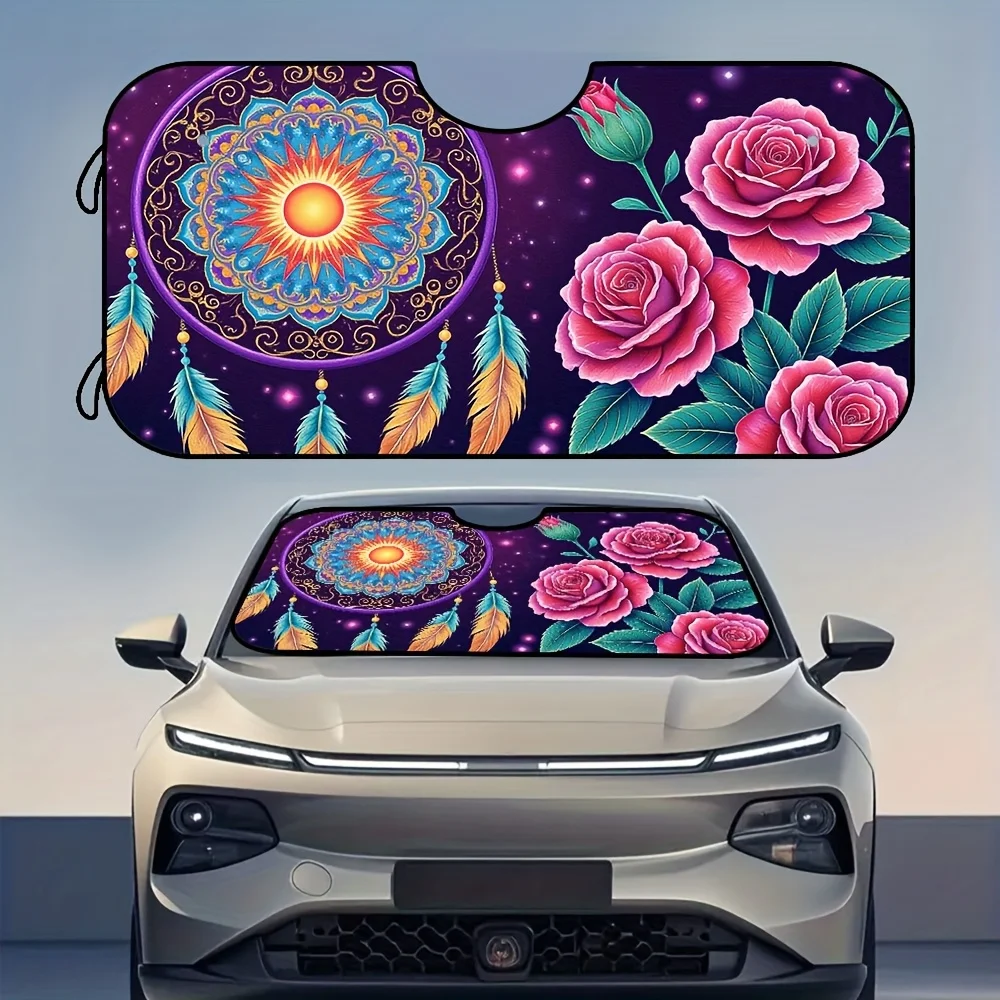 1pc Bohemian Sun Car Windshield Sunshade With Roses & Feathers Design - UV Protection & Glare Reduction, Fit For Cars, Trucks, S
