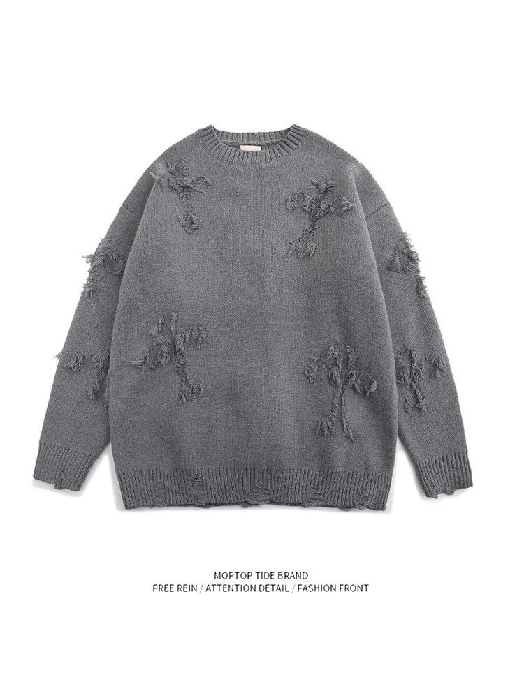 

Women's Oversize Lazy Style High Street Destroyed Knitted Sweater Autumn Winter Hole Punch Trendy Streetwear Top