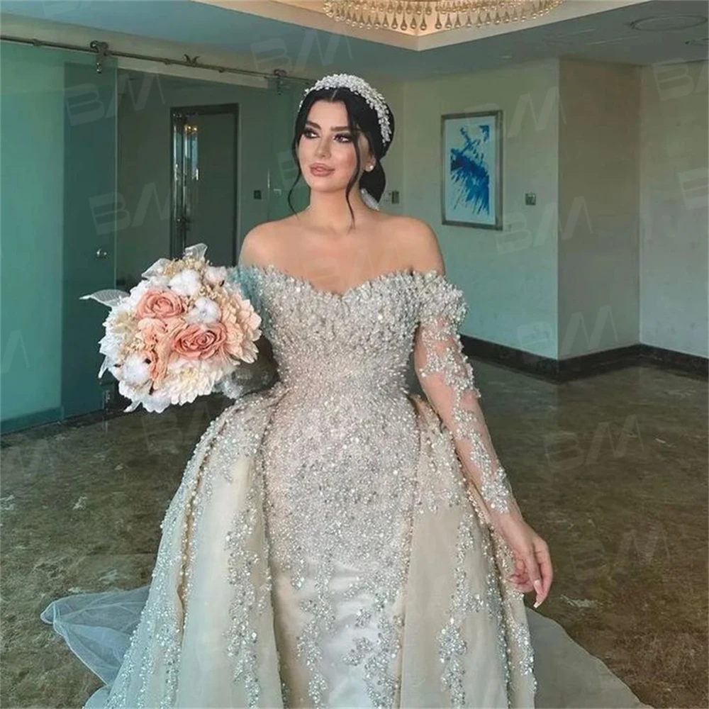 Beaded Embroidery Wedding Gown Long Sleeve Off The Shoulder Bride Dresses Court Train Luxury Mermaid Bridal Gown Robe De Mariée