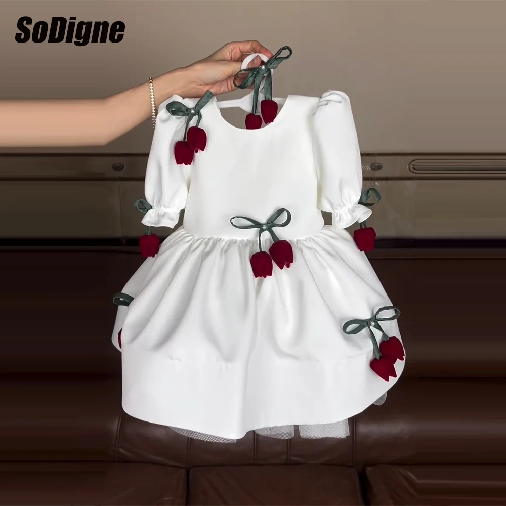

SoDigne Satin A-line Flower Girl Dress Short Sleeves Scoop Girls' Birthday Dresses 2026 Communion Party Gowns Customized ﻿