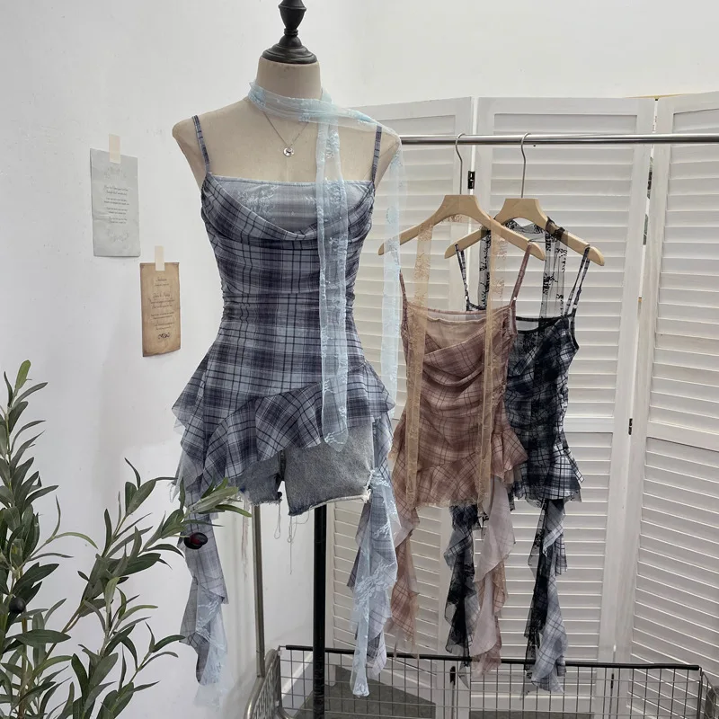 High-quality, Hot-selling Wholesale Plaid Patchwork Lace Ribbon Draped Neckline Camisole Irregular Ruffle Top Crop Top Gothic