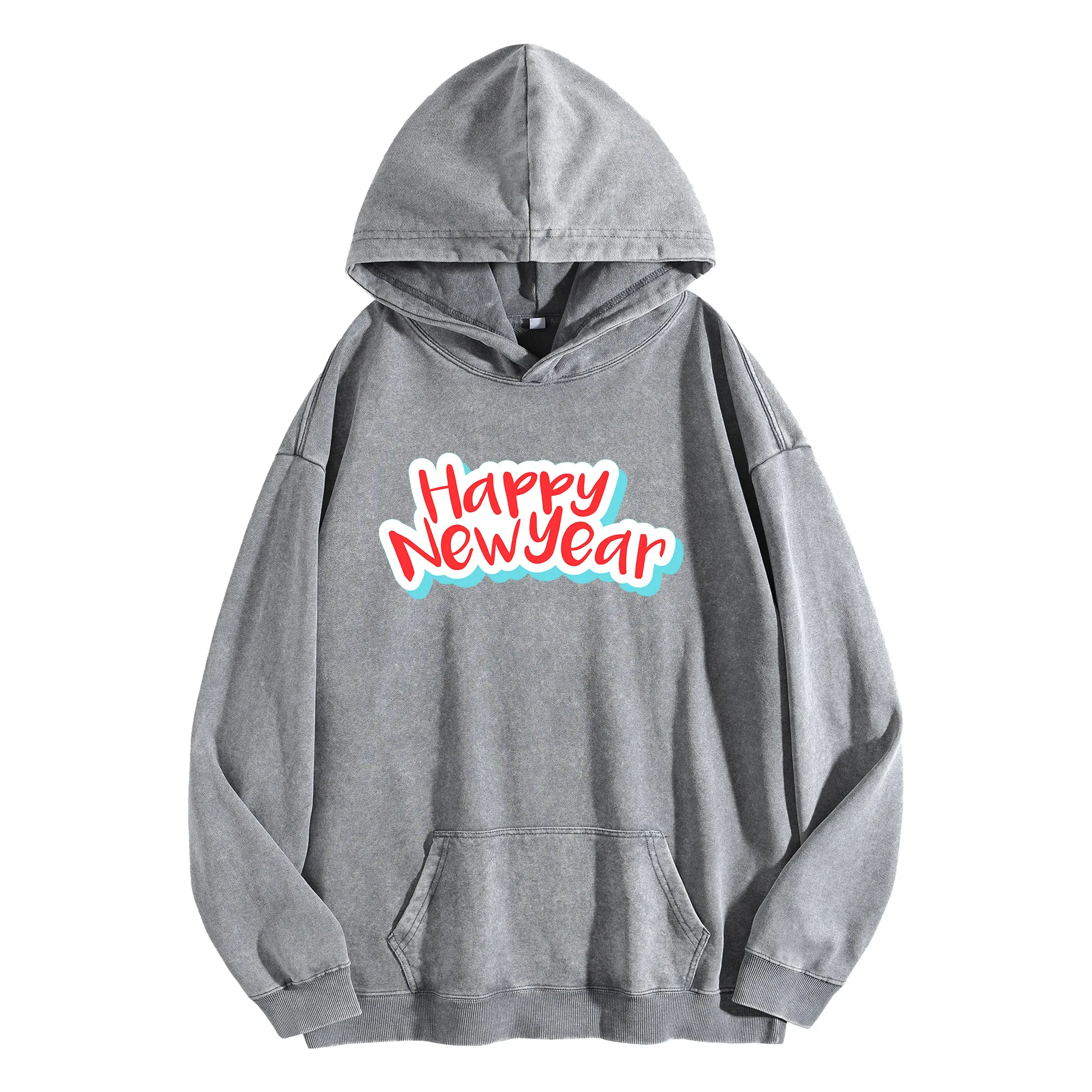 سنة جديدة سعيدة طباعة جرافيك 400G خمر غسلها هوديي للجنسين المتضخم الشارع الشهير البلوز مجموعة الخريف/الشتاء