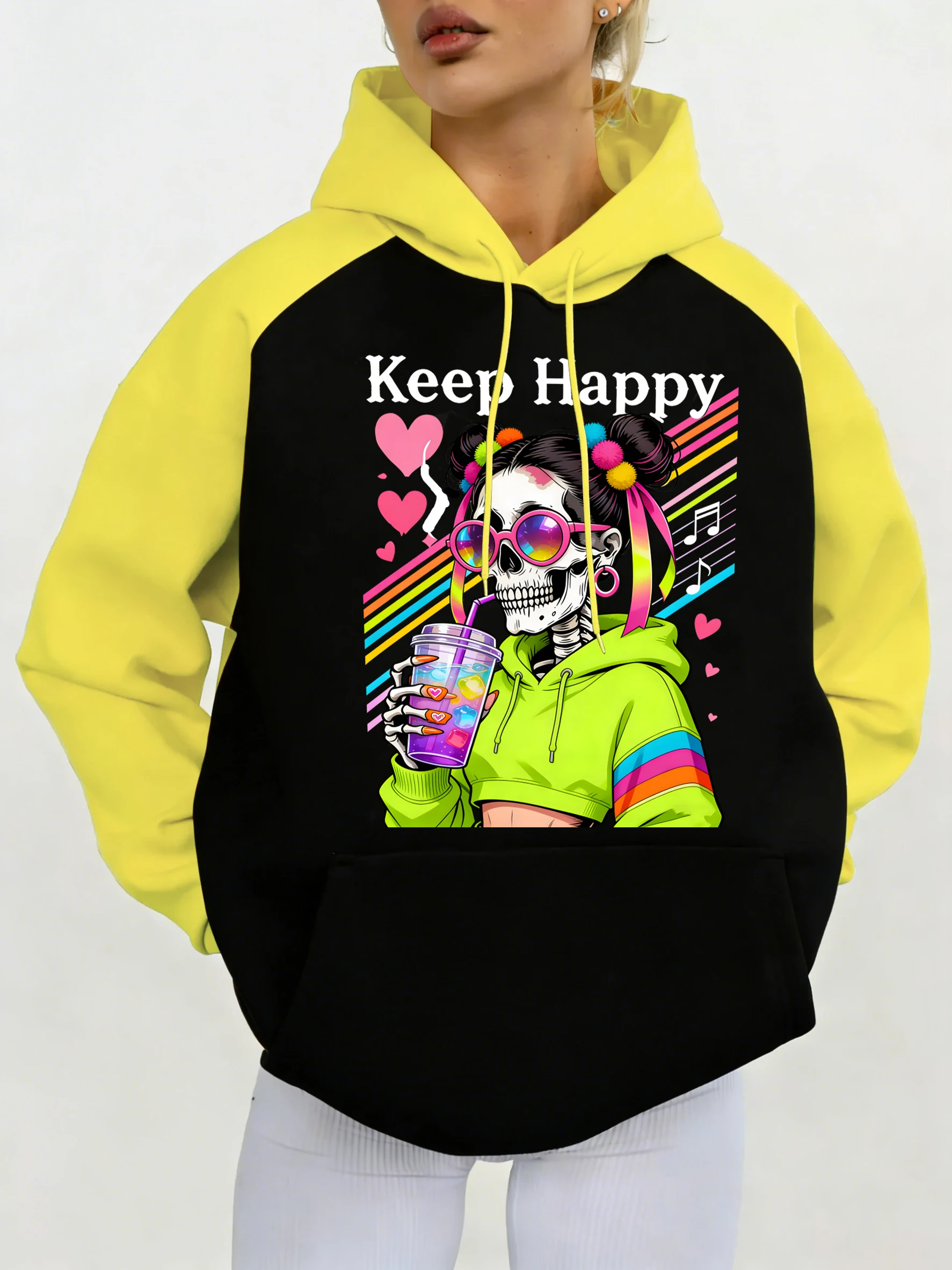 

Женская флисовая толстовка-худи Keep Happy с ярким принтом черепов, осенняя, модная, свободного кроя, с карманами, унисекс