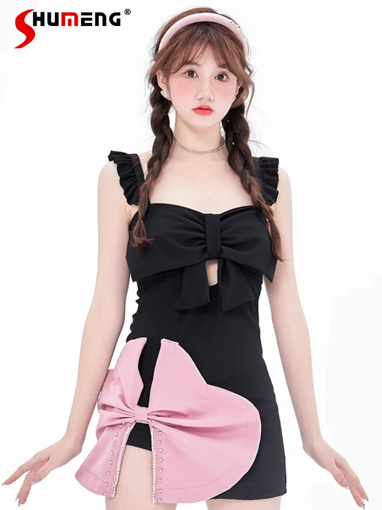 

Sweet Retro Girl Summer Swimwear Sleeveless Square Collar Hollow Waist Big Bow One-piece Swimsuit Women Swimming Bathing Suits