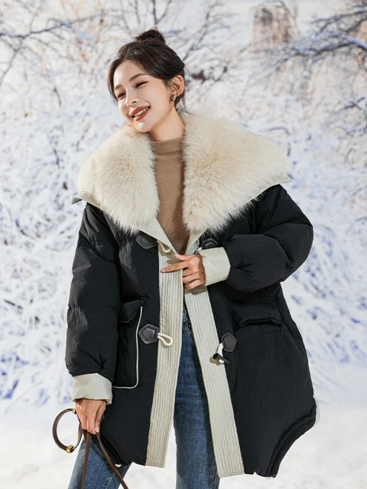 Down Parka Coat for Women, Lapel Fur Collar, Thick Warm Outerwear, Retro Literary Snow, Mid-length, Winter, New, 2024