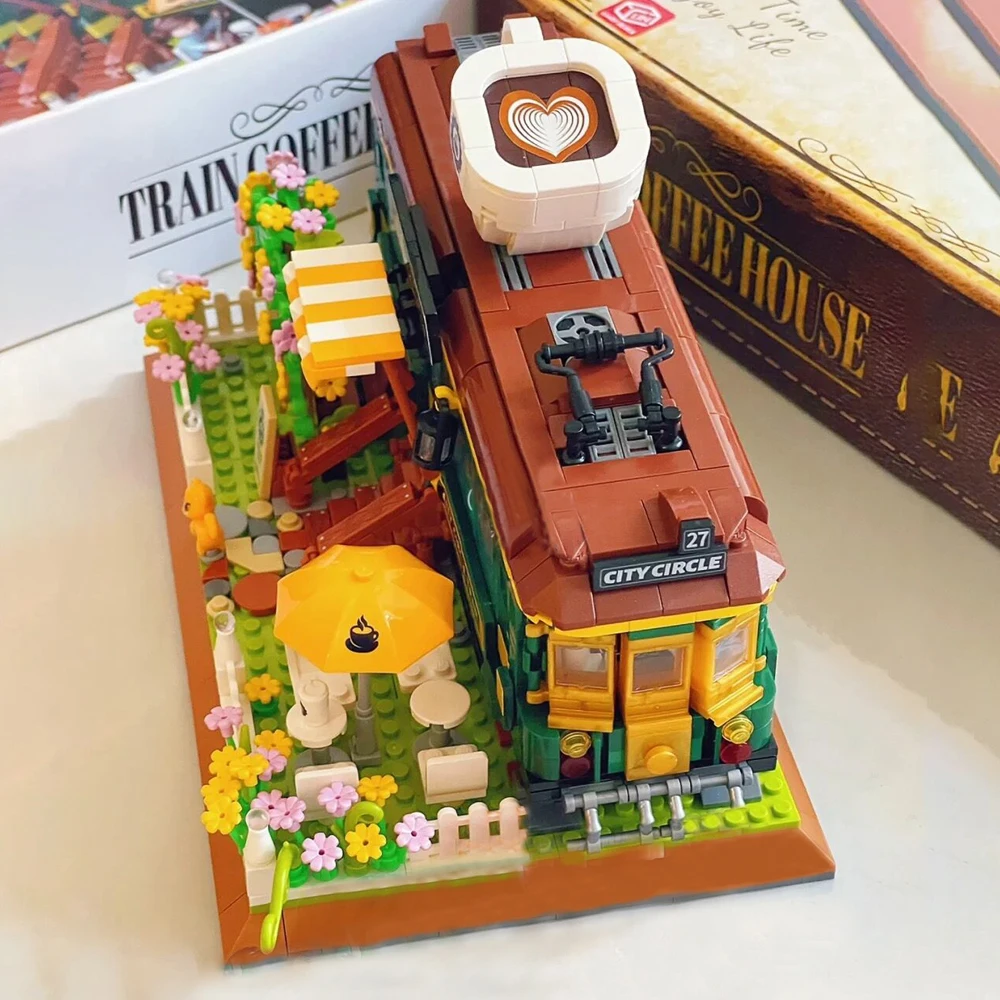 1081PCS Train Coffee Shop Model Micro Building Blocks Mini Diamond City Friend Bricks Set Children Toys Kids Adult Game