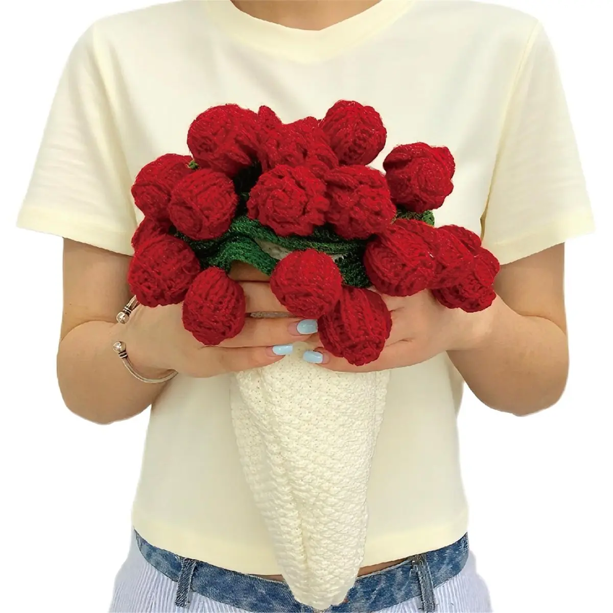 A67T NEW Crochet Flowers Bouquet Blanket, Handmade Rose Blankets, 24Inch Round Floral Soft Romantic Gifts for Mom, Girlfriend