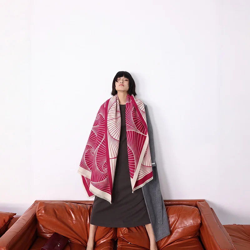 Women Minimalist Spiral Line Print Scarf Shawl Imitation Cashmere Thick Warm Wrap Stole Winter Overcoat Outer Neck Accessory