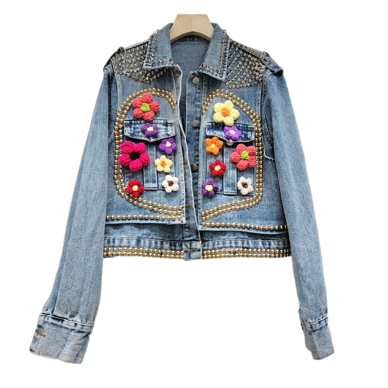 

Beading Rivet Applique Big Pocket Long Sleeve Denim Jacket Women Loose Short Cowboy Outerwear Vintage Blue Jeans Jacket Female