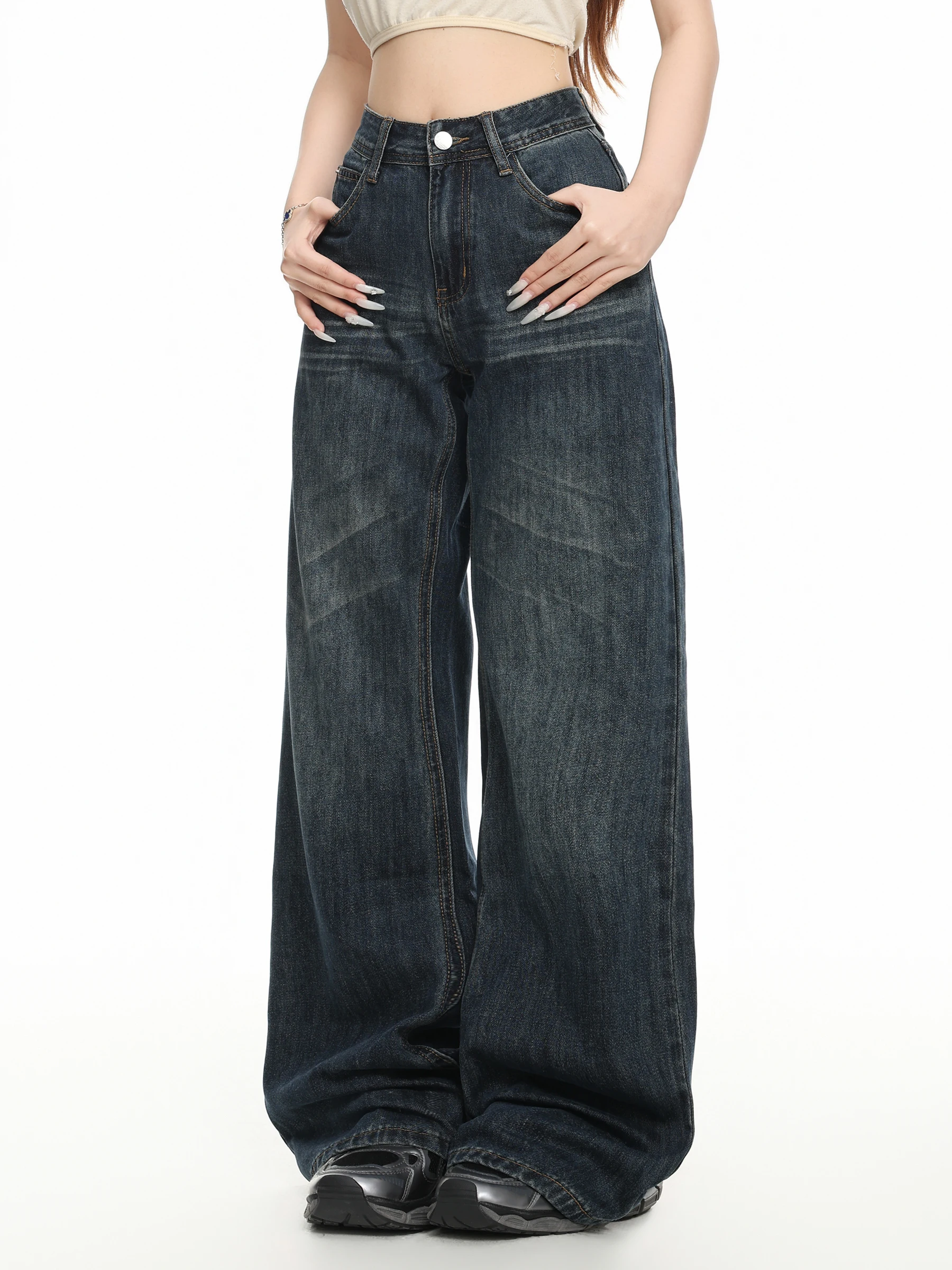 American Style High Waist Wide Leg Jeans Women's Loose Slim Straight Long Pants Autumn Season Pure Color Casual Comfortable