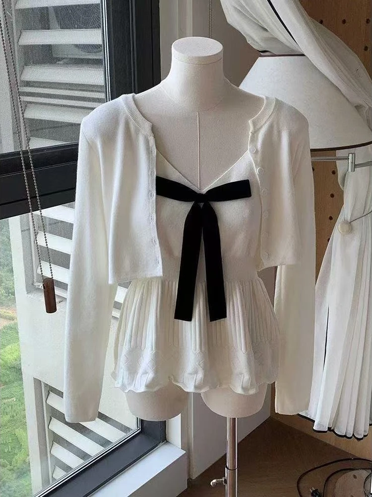 

French Sweet Knitted Tops Cardigan Set Autumn Winter Elegant V-neck Camisole Suit Harajuku Fashion Bow Design Outfits 2025 New