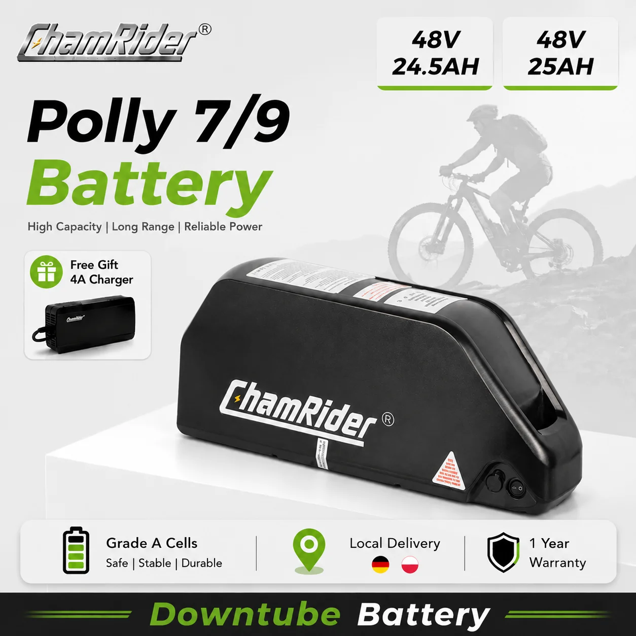 Batterie de vélo électrique 48V grande capacité ChamRider DP7 DP9 à monter sur le tube diagonal, 24.5Ah 25Ah, source d'alimentation rechargeable, BMS multi-protection 40A + chargeur complet 4A