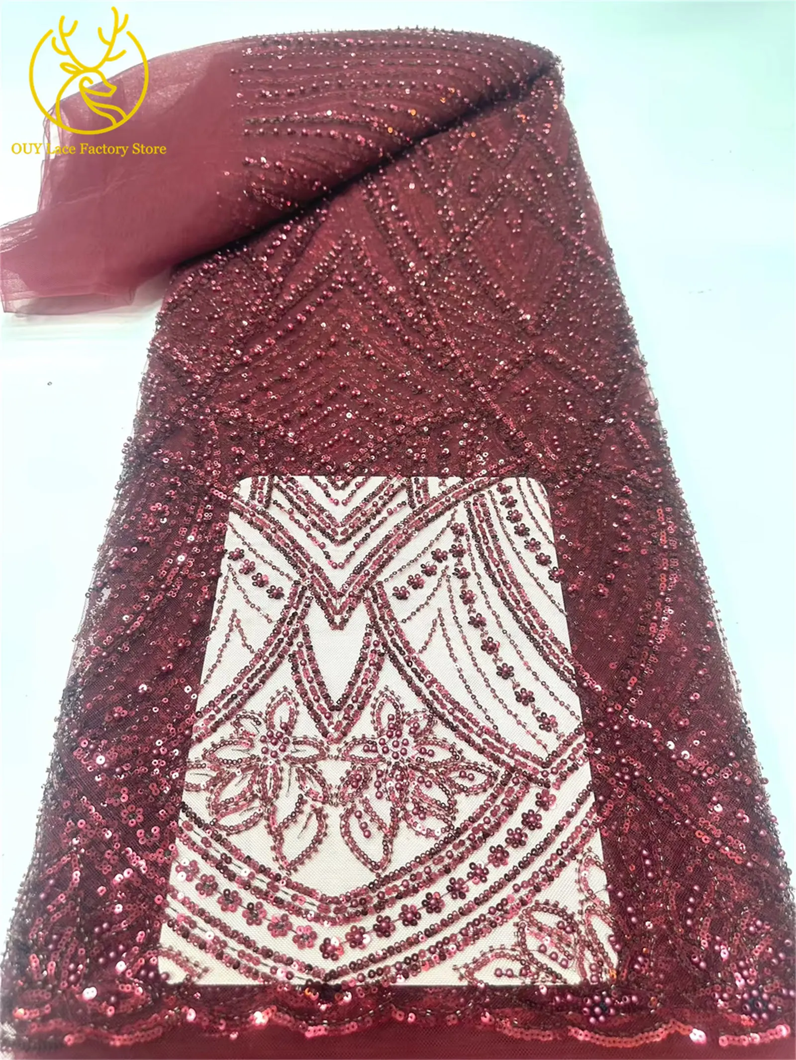 Luxuriöser orangefarbener afrikanischer Perlen-Mesh-Spitzenstoff, 5 Yards, bestickte Pailletten-Spitze, französische Tüllspitze für nigerianisches Hochzeitskleid – Detail 16