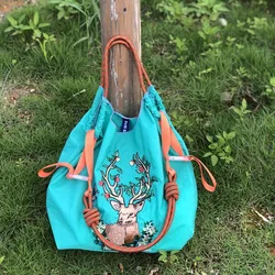 New Elk Embroidery Eco Bag Designer Women Shoulder Bags Large Rope Handle Handbags Nylon Shopper Purses Drawstring Tote Bag Chic