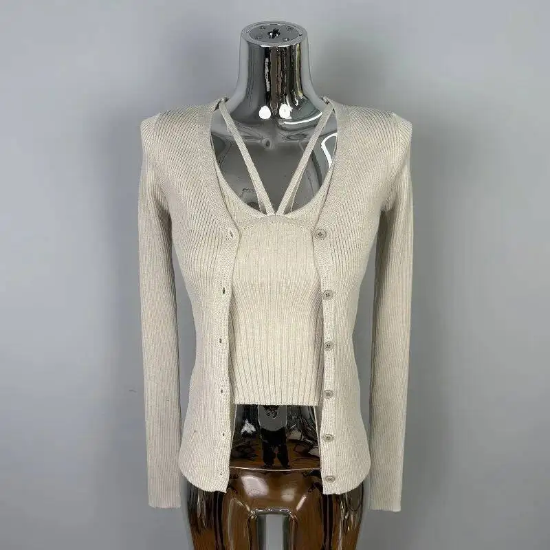Coreano fino versátil sexy camisola + manga longa cardigan de malha conjunto de duas peças para camisas femininas camisetas t camisa topos 9dlo