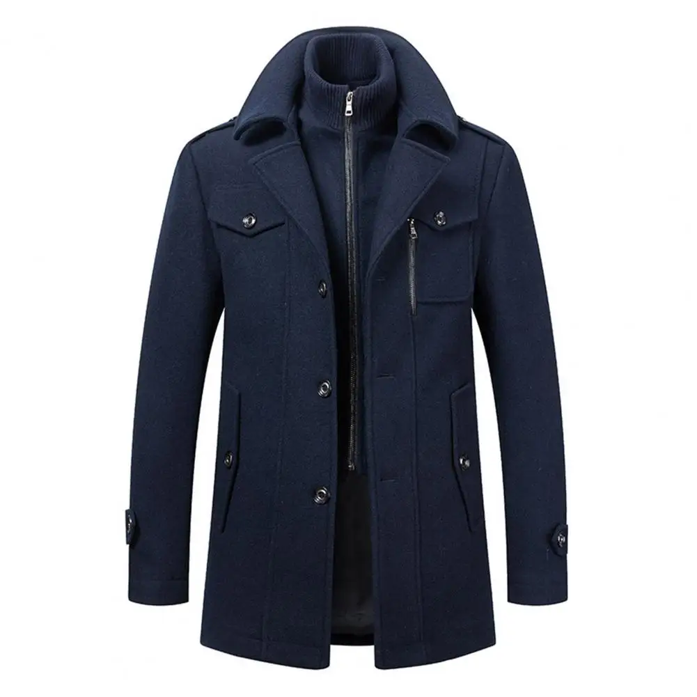 Anti-wrinkle Wool Coat Men's Woolen Coat Mid-length Business Outerwear Stand Collar Lapel Jacket Long Sleeve Solid Color
