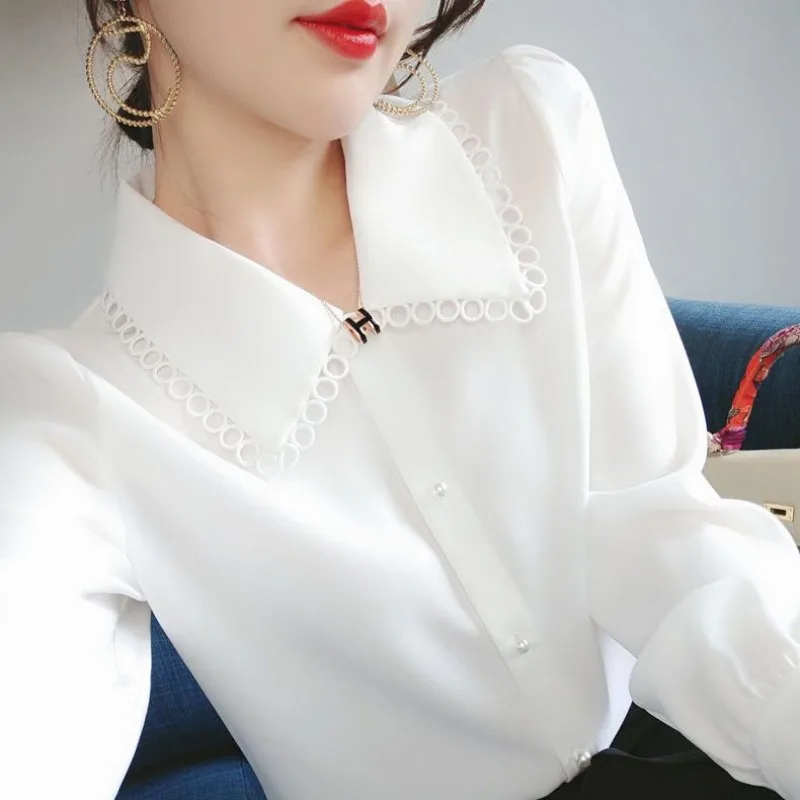 Turn-down Collar Spring Autumn Solid Color Women's Button Patchwork Lantern Long Sleeve Cardigan Shirt Casual Elegant Tops