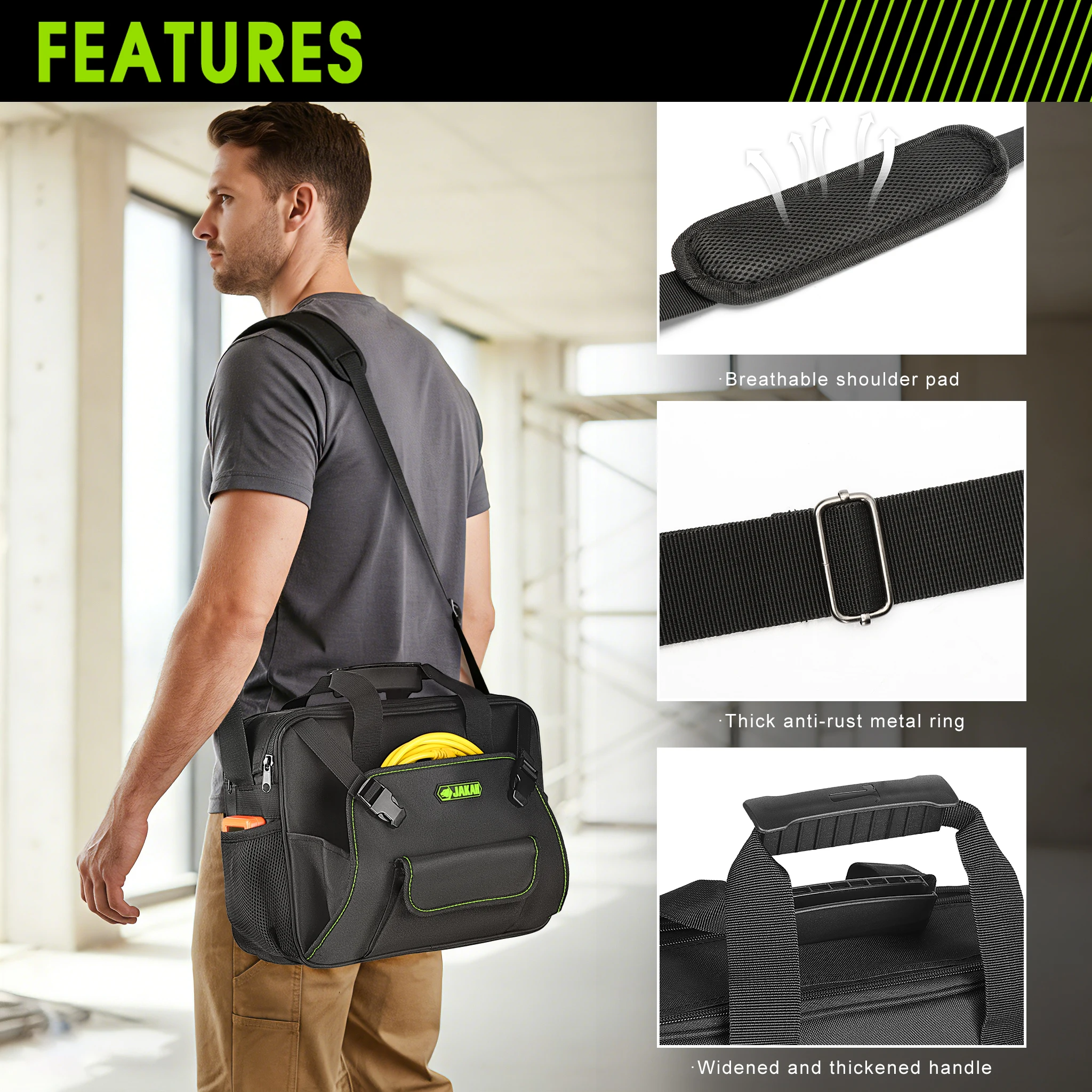 JAKAH Electrician Tool Bag Quick Access Laptop Bag + Shoulder Strap - Medium Portable Work Bag Tool Accessories JK-147