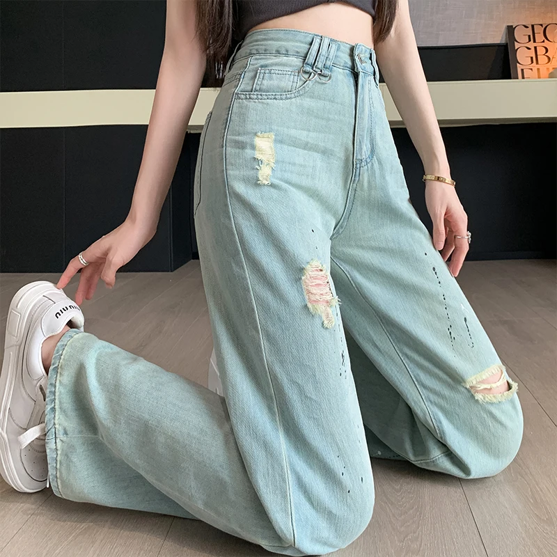 Graffiti worn denim wide leg pants for women 2024 summer Korean high waisted narrow style loose and slimming straight leg pants