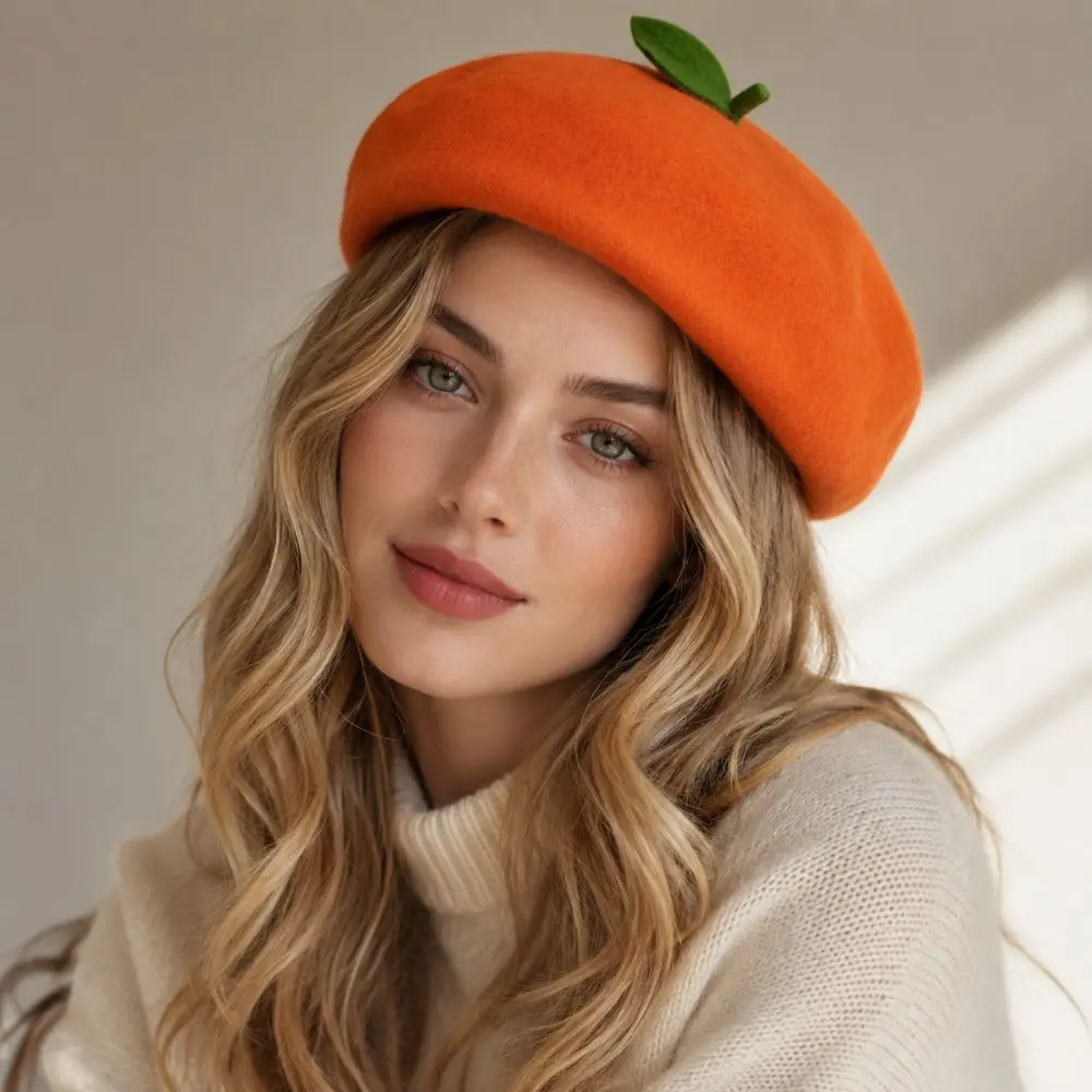 Sweet Red Apple Beret Cap Orange Shaped Soft Painter Hat Breathable Handmade Knit Beret For Lady Girls view 4