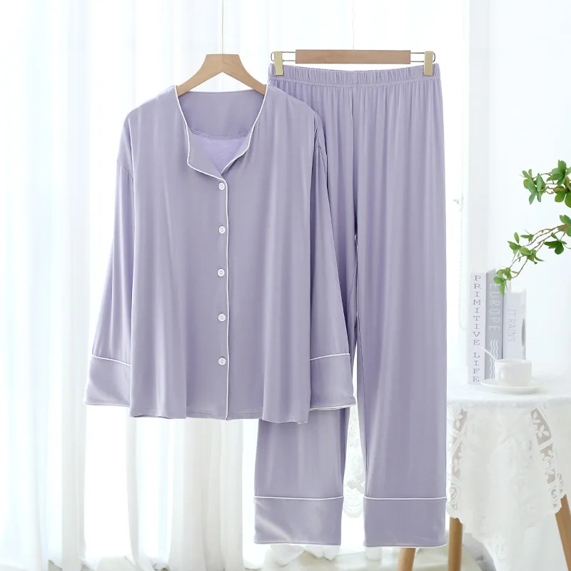 Spring Autumn New Sleepwear Modal Cotton Cardigan Long Sleeved Pajama Set Solid Color Intimate Lingerie Nightwear Loose Homewear