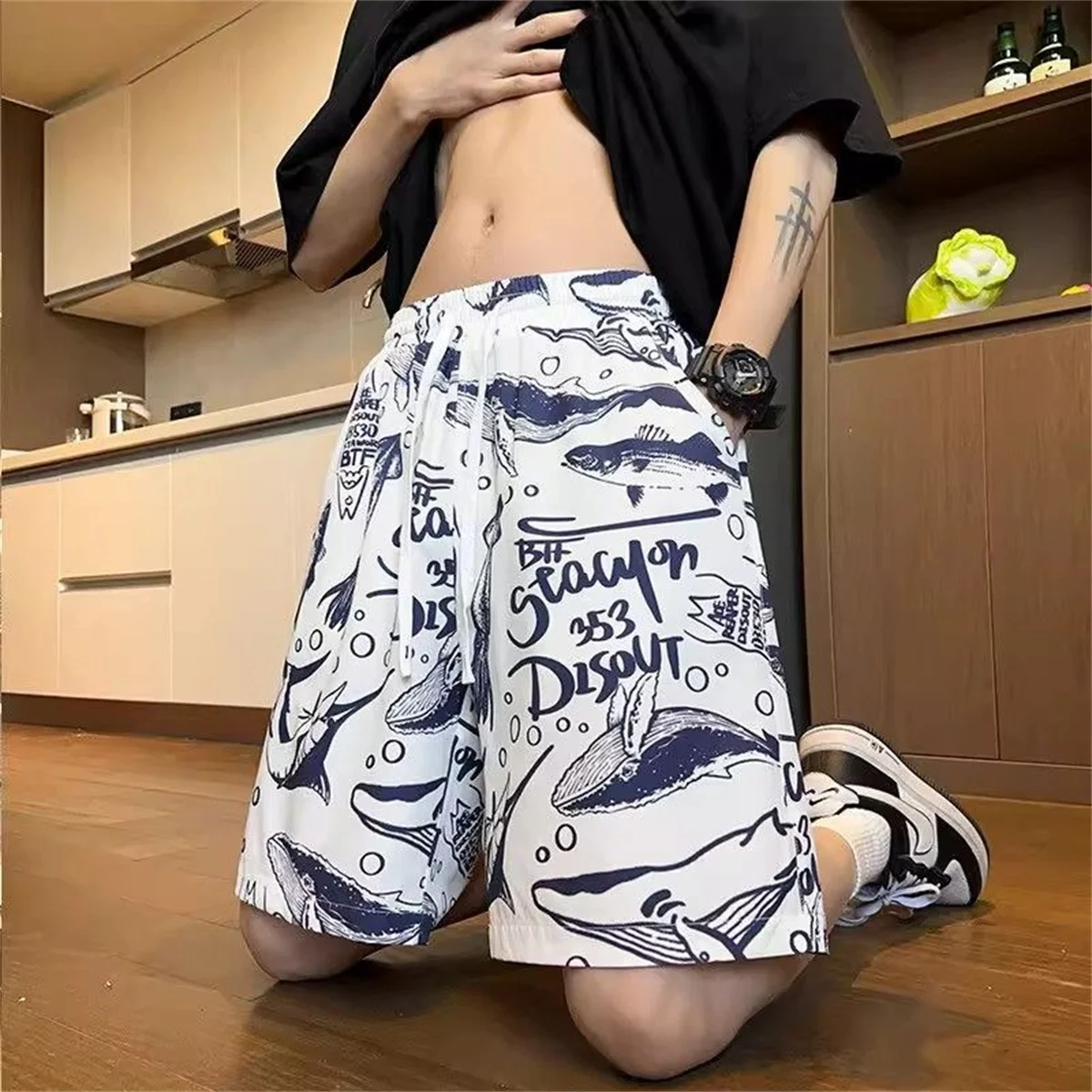 Men's Summer Quick Dry Shorts Loose Fit 5 Inch Inseam Beach Shorts Casual Sports Shark Print Punk Pants Hip Hop Loose Shorts