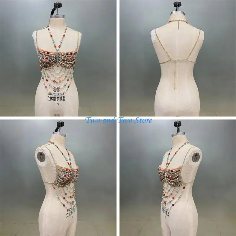 HX6F Adjustable Artificial Pearls Embellished Backless Body Chain Strap Top Women's Fashion Chain Top For Various Occasion