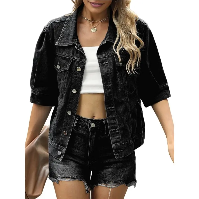 

【HAPPYH】Женская короткая джинсовая куртка с рукавами 3/4, укороченные джинсовые куртки с лацканами и пуговицами, пальто