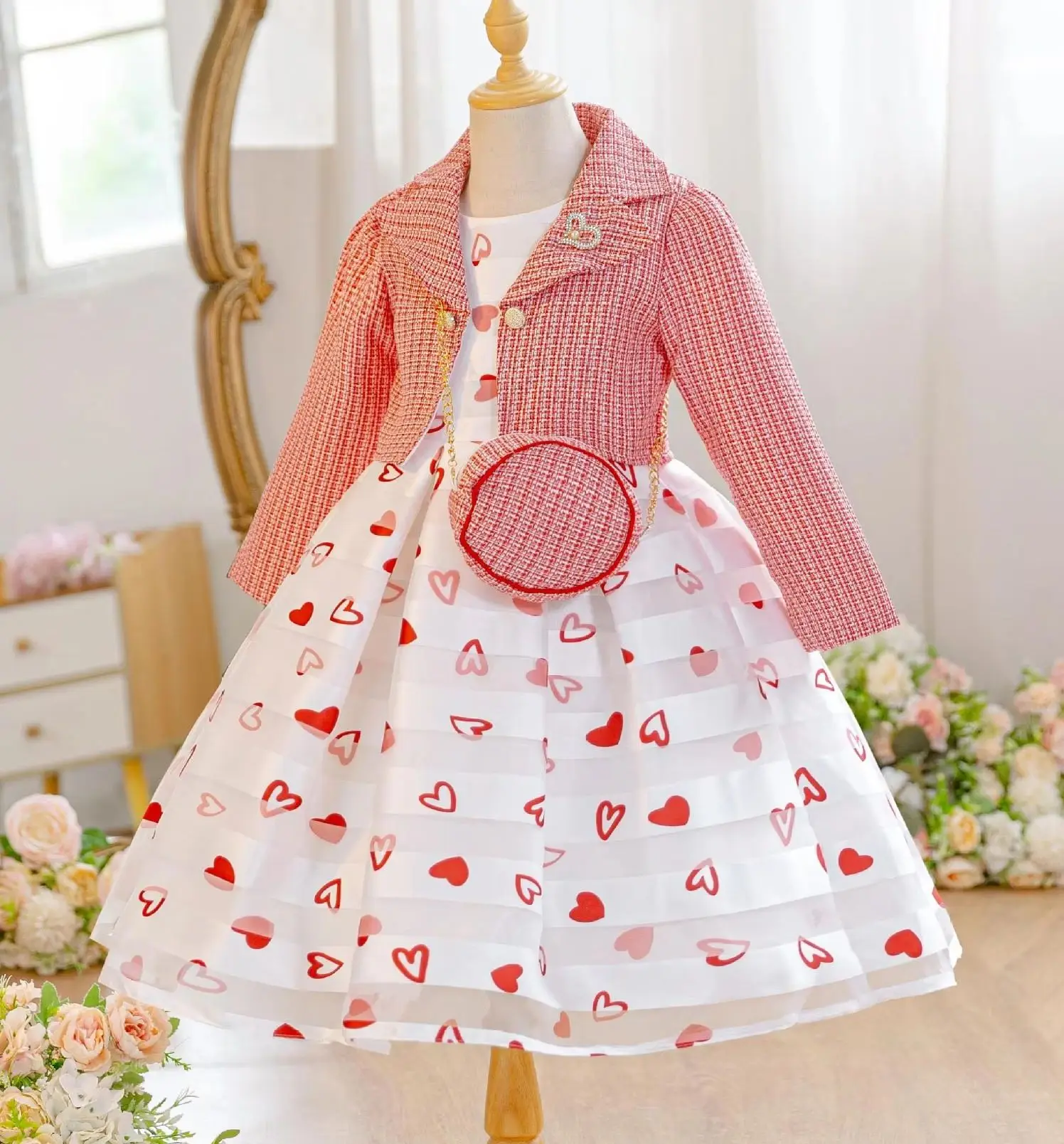 

New Girl Elegant Dress with Bag 3PCS Children Girls' Princess Dresses Love Print Kids Clothes 3-8