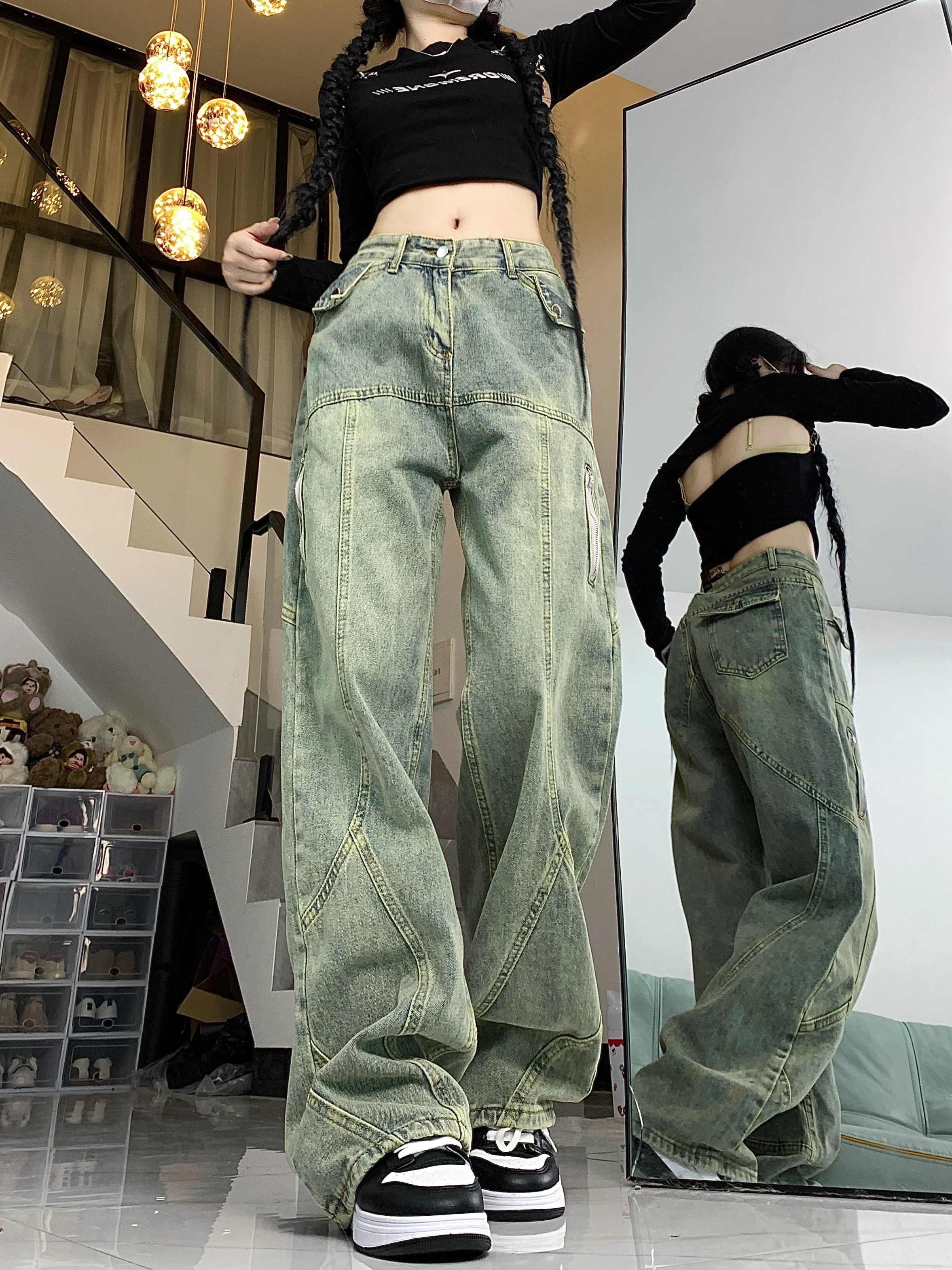 

American high street design wide leg jeans for women retro high waist loose straight leg mopping pants