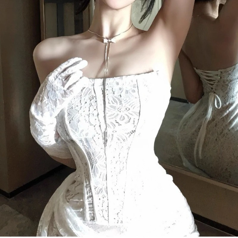 

2025 Autumn New Women's Clothing Sexy Lace Mesh One-word Shoulder Tube Top Micro-transparent Slim Dress Women