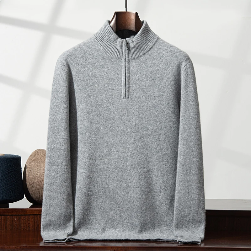 

Мужской теплый свитер THYFGT из 100% кашемира, зимний повседневный свитер с воротником-стойкой на молнии, мужской вязаный пуловер с длинным рукавом