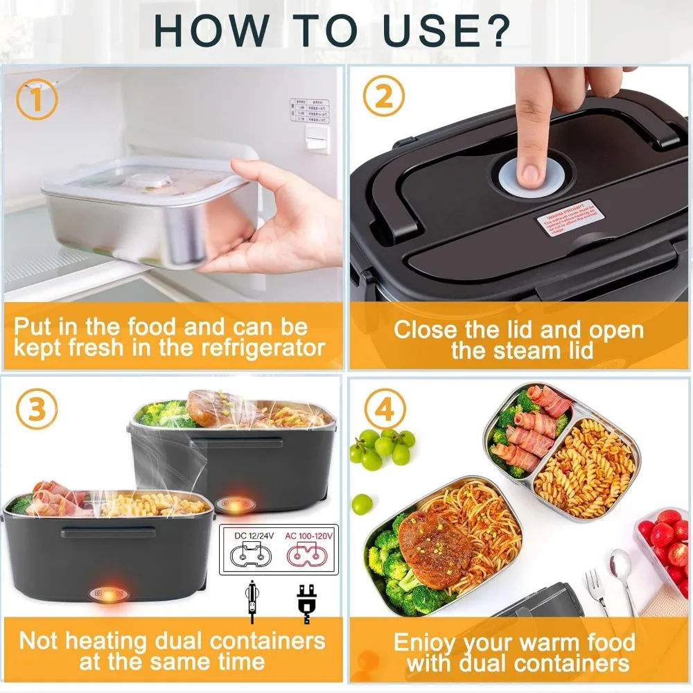 Electric Lunch Box for Adults with 2 Stainless Steel Containers 1.5L 80W Heated Lunch Boxes Portable 12/24/110V (Black)