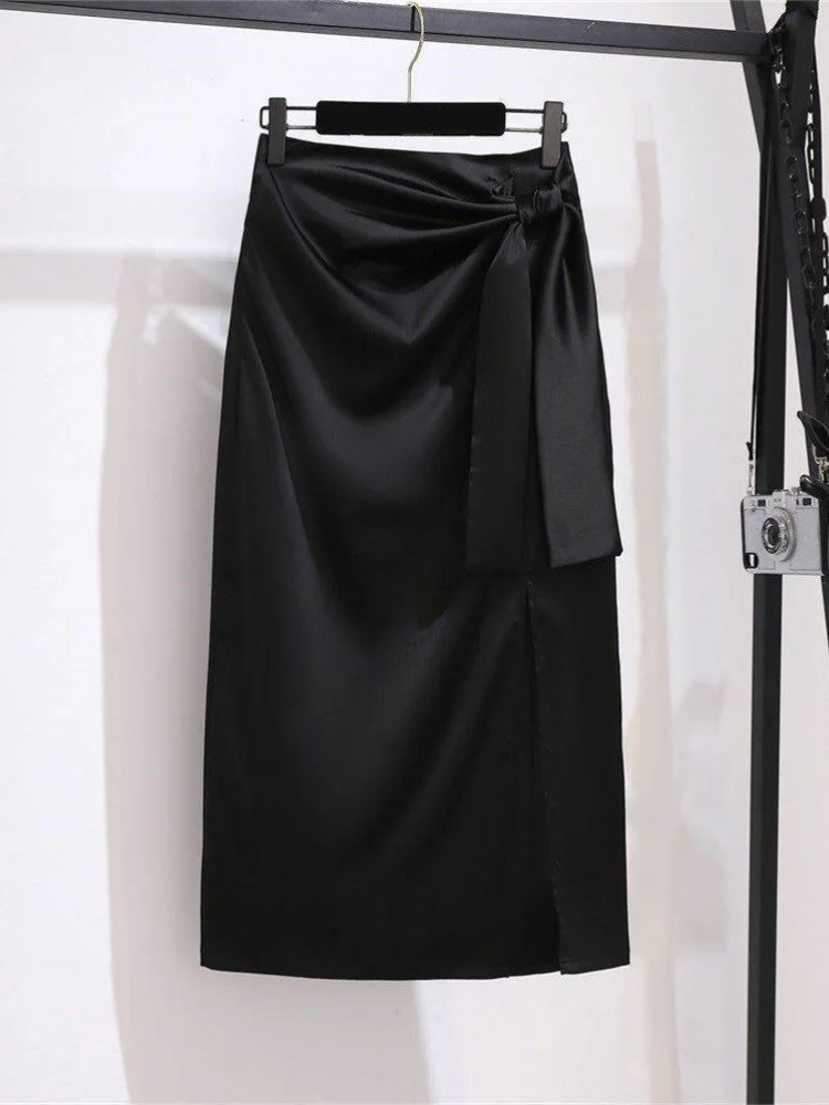 

Удобная, струящаяся женская юбка из шелкового сатина длины фасона F с боковым разрезом, модная, простая, на весну-лето, новинка