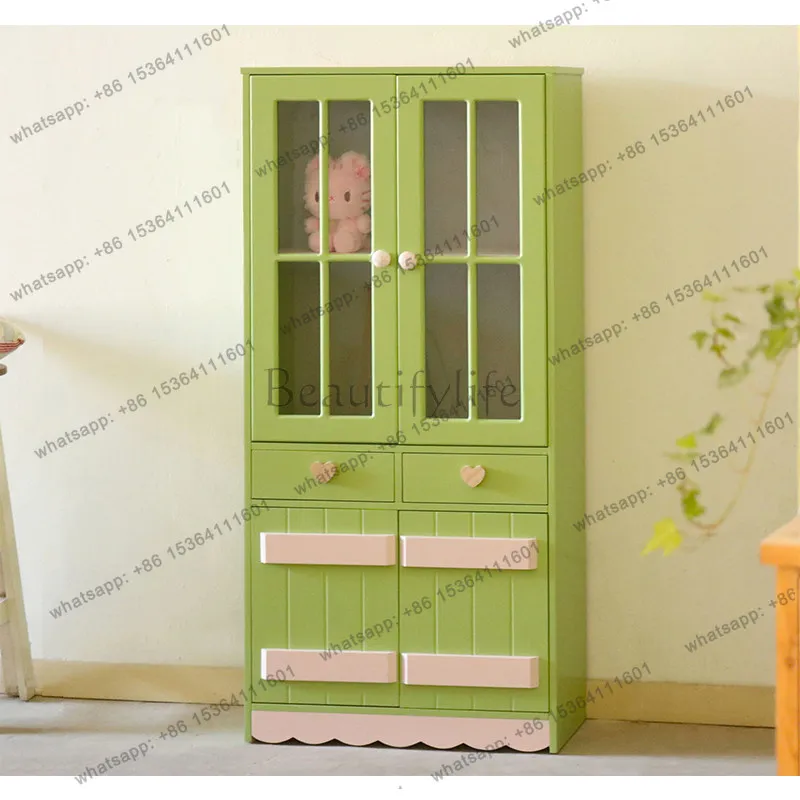 Leaf bud green transparent soft glass upper and lower storage bookcase color cabinet custom