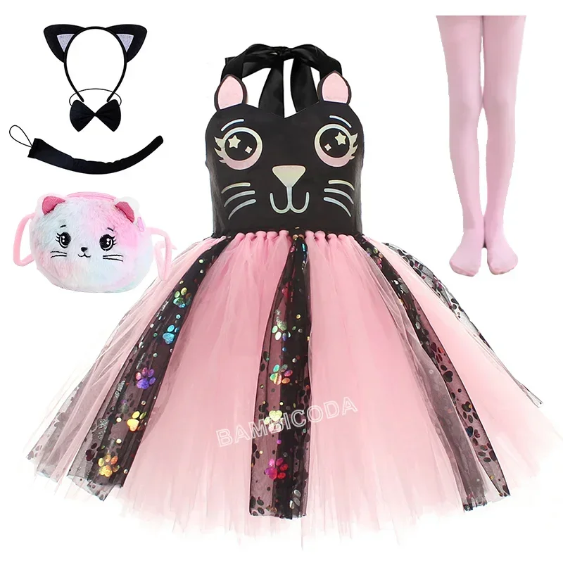 Halloween Animal Cat Cosplay Props Girls Costume Sequins Tutu Dress Headdress Tail Birthday Party Fancy Gift Dresses