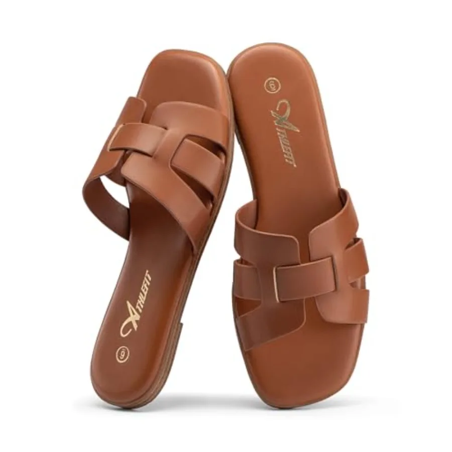 

Women's Flat Sandals Dressy Summer Square Open Toe Slip On Leather Slide Sandals