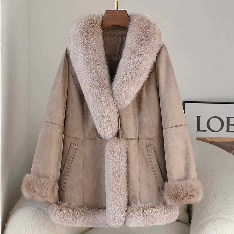 

PUDI Luxury Lady Real Rabbit Leather And Fur Coat Fox Collar Women Winter Warm Coat CT276