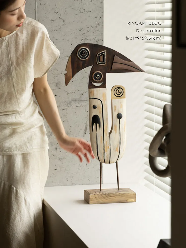 3D Wood Carving African Inspired Totem, Hand-Painted Contrast Color Contemporary Original Art Ornament for Living Room Entryway