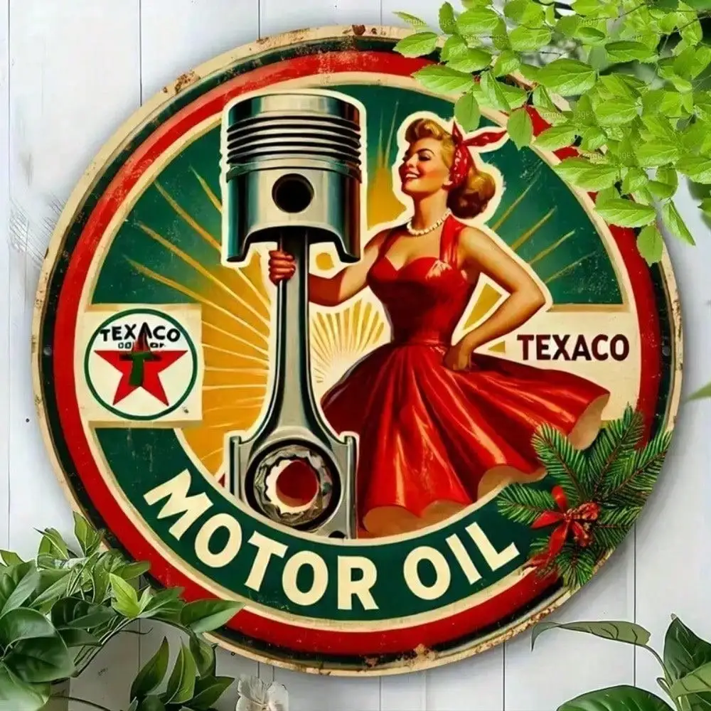 TEXACO Vintage Rundes Metallschild Retro Wetterfestes Aluminium-Wanddekor für Garage Bar Männerhöhle