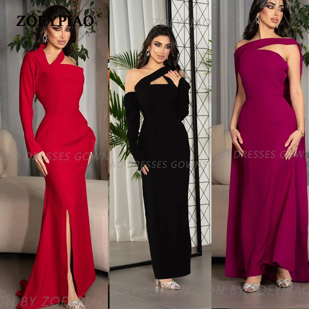 

3 Design Dresses Red Evening Dresses One Long Sleeve Satin Ankle Length Custom Formal Party Dress Dubai Arabic Prom Gowns